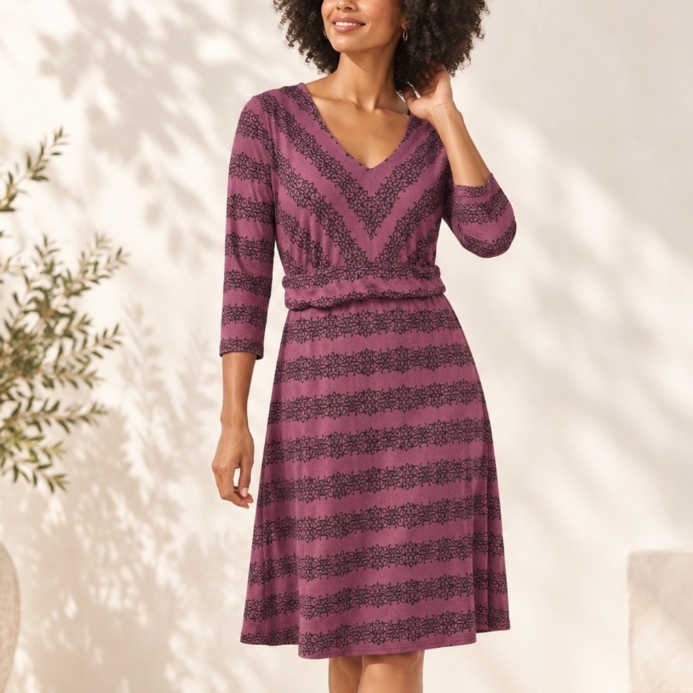 Soma Intimates Plum Purple Damask Scroll V-Neck Midi Lounge Dress Pockets S CR3